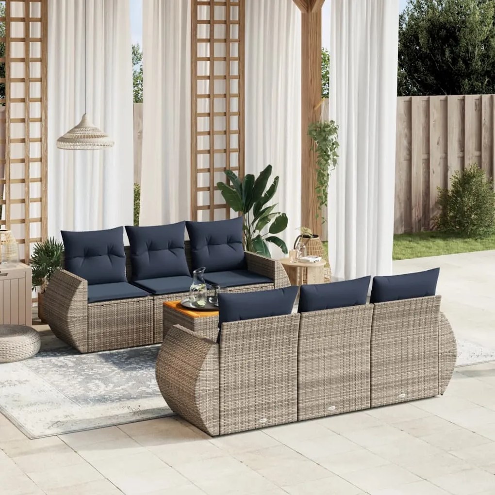 vidaXL 7 pcs conjunto sofás p/ jardim c/ almofadões vime PE cinzento