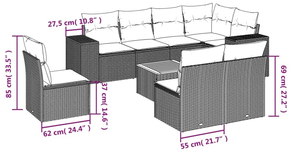 9 pcs conjunto de sofás p/ jardim c/ almofadões vime PE preto