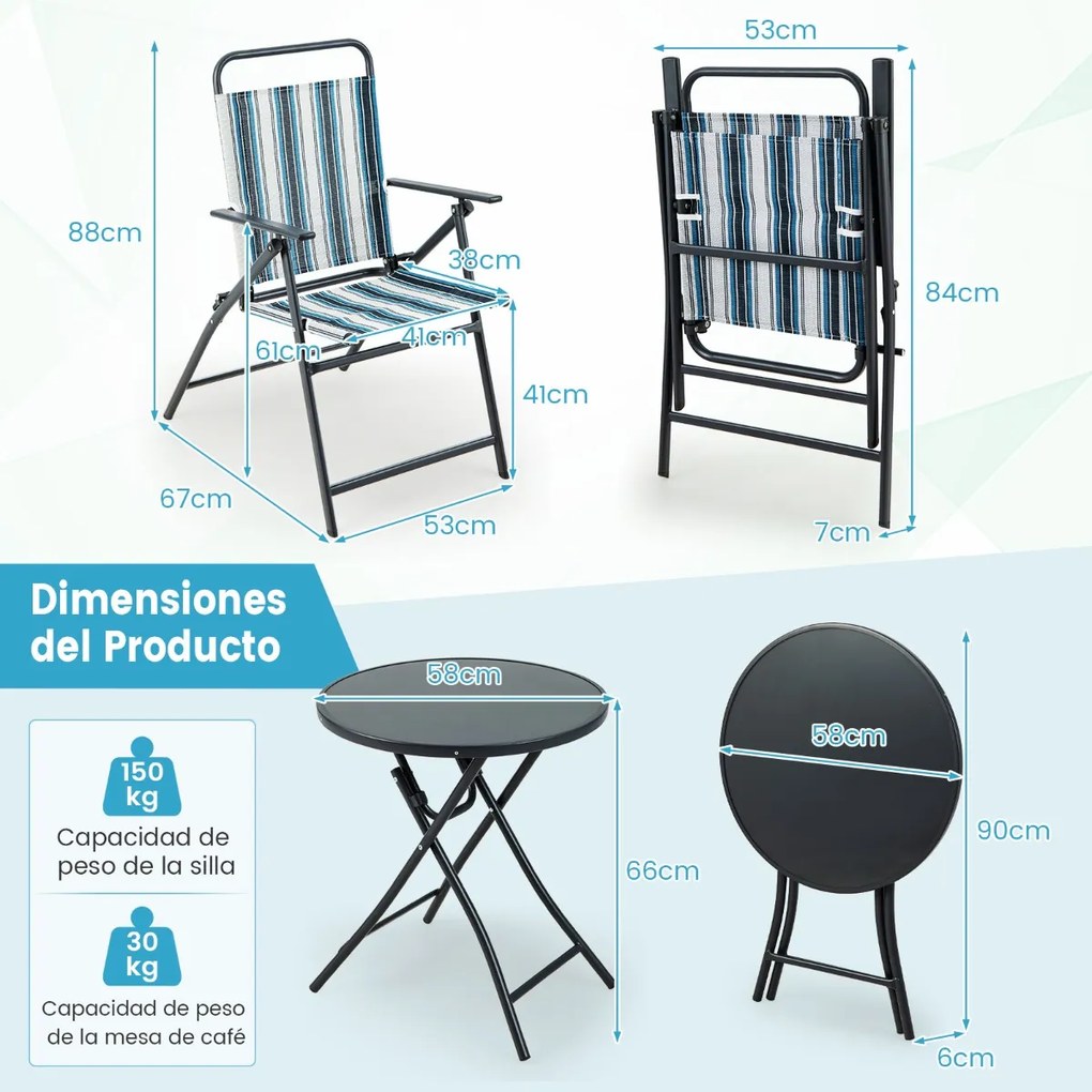 Conjunto de mesa dobrável de jardim e 2 cadeiras com tecido texteline respirável e estrutura de metal para quintal, piscina e varanda Riscas