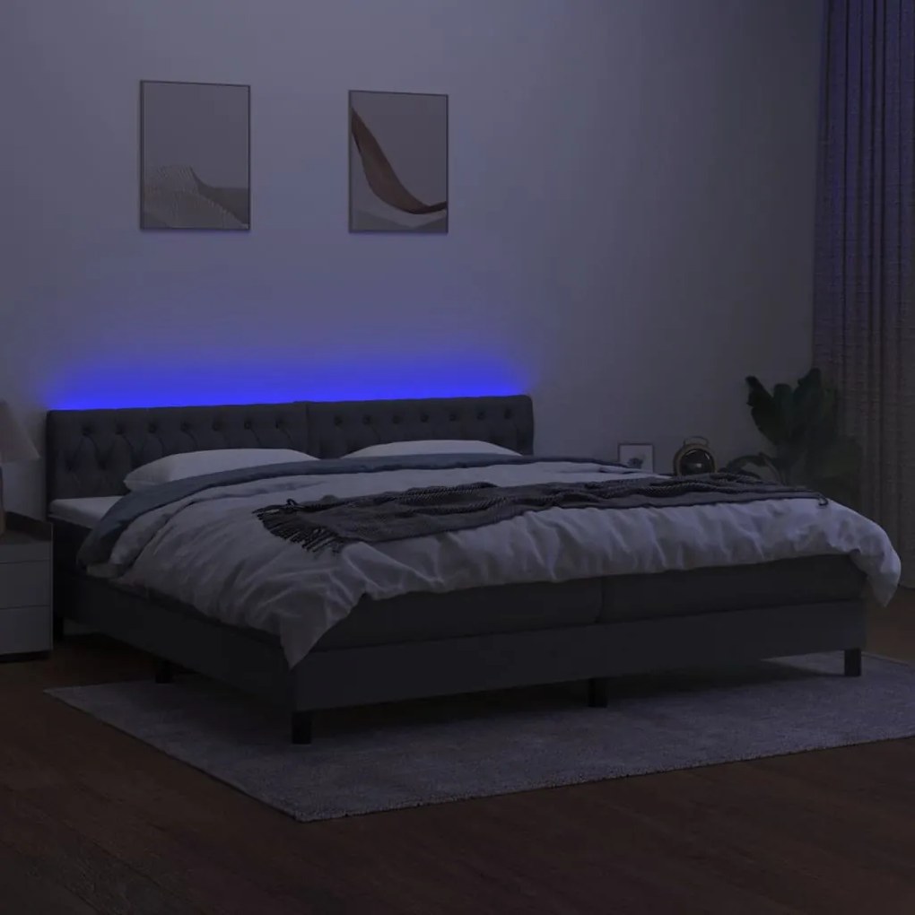 Cama box spring c/ colchão e LED 200x200 cm tecido cinza-escuro