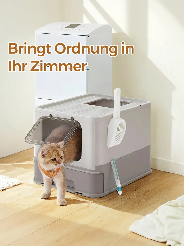 Caixa de areia para gatos com tampa 54,3 x 42,5 x 37,8 cm, tabuleiro extraível cinzento