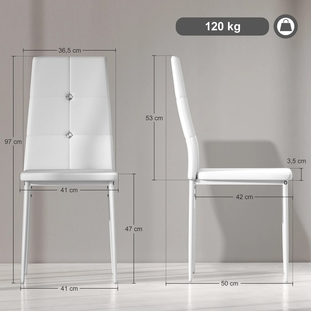 Conjunto de 6 Cadeiras de Sala de Jantar (MESA NÃO INCLUIDA) Estofadas em PU Cadeiras de Cozinha com Encosto Alto com Botões 41x50x97 cm Branco