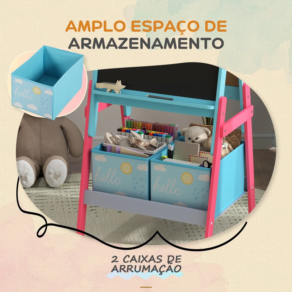 Cavalete para Crianças 2 em 1 Arsósia Infantil com Dupla Face 2 Caixas de Arrumação com Estampa em Animais 49x53,5x113 cm Azul