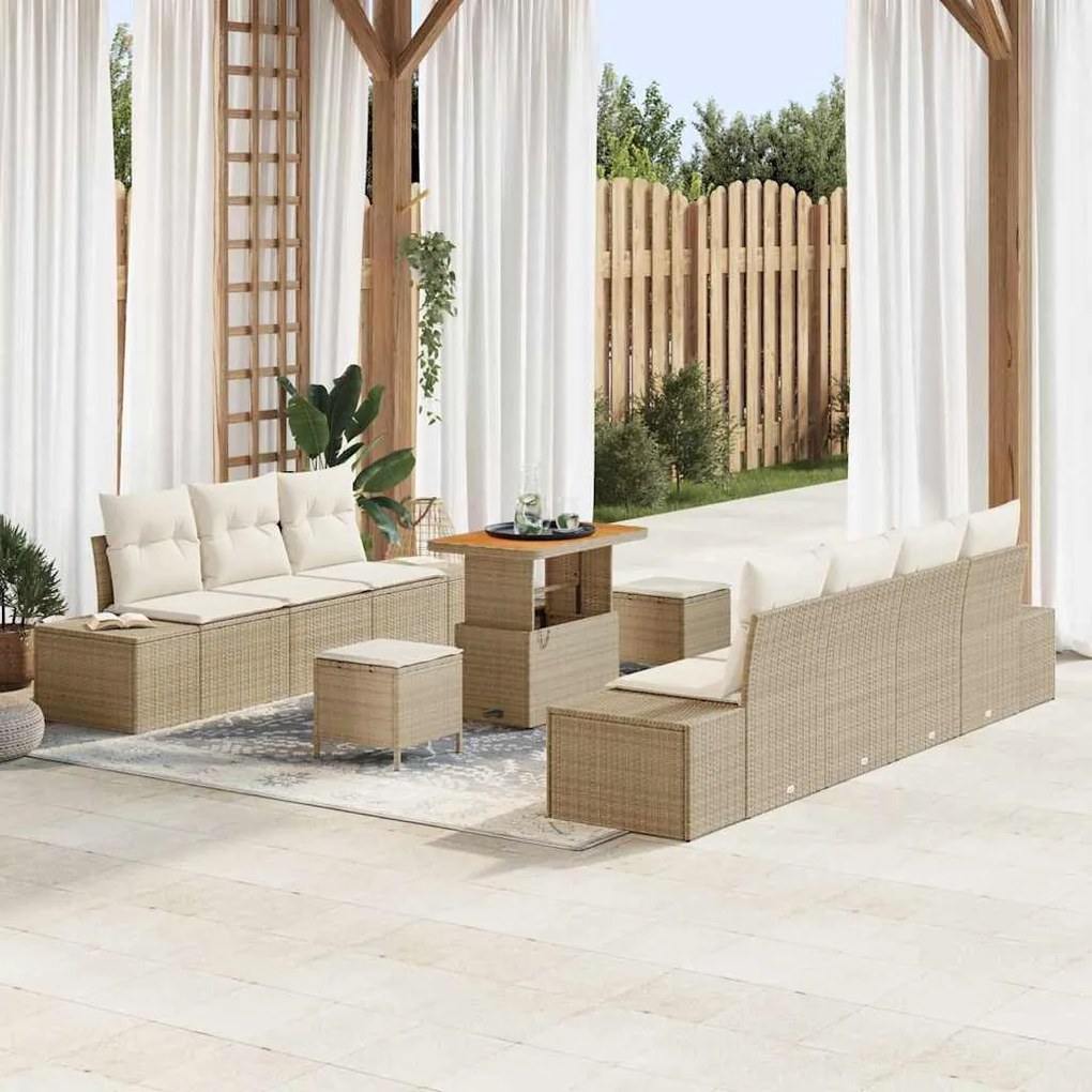 vidaXL Conjunto de Sofá de Jardim de 10 Peças com Almofadas Bege Rattan Acácia