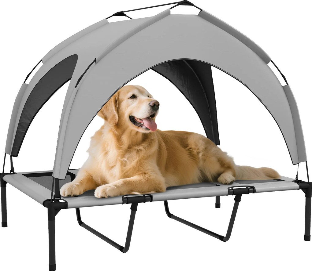 Cama Elevada para Cães com Toldo Estrutura de Aço e Bolsa de Transporte para Interior e Exterior 106x76x94 cm Cinzento Claro
