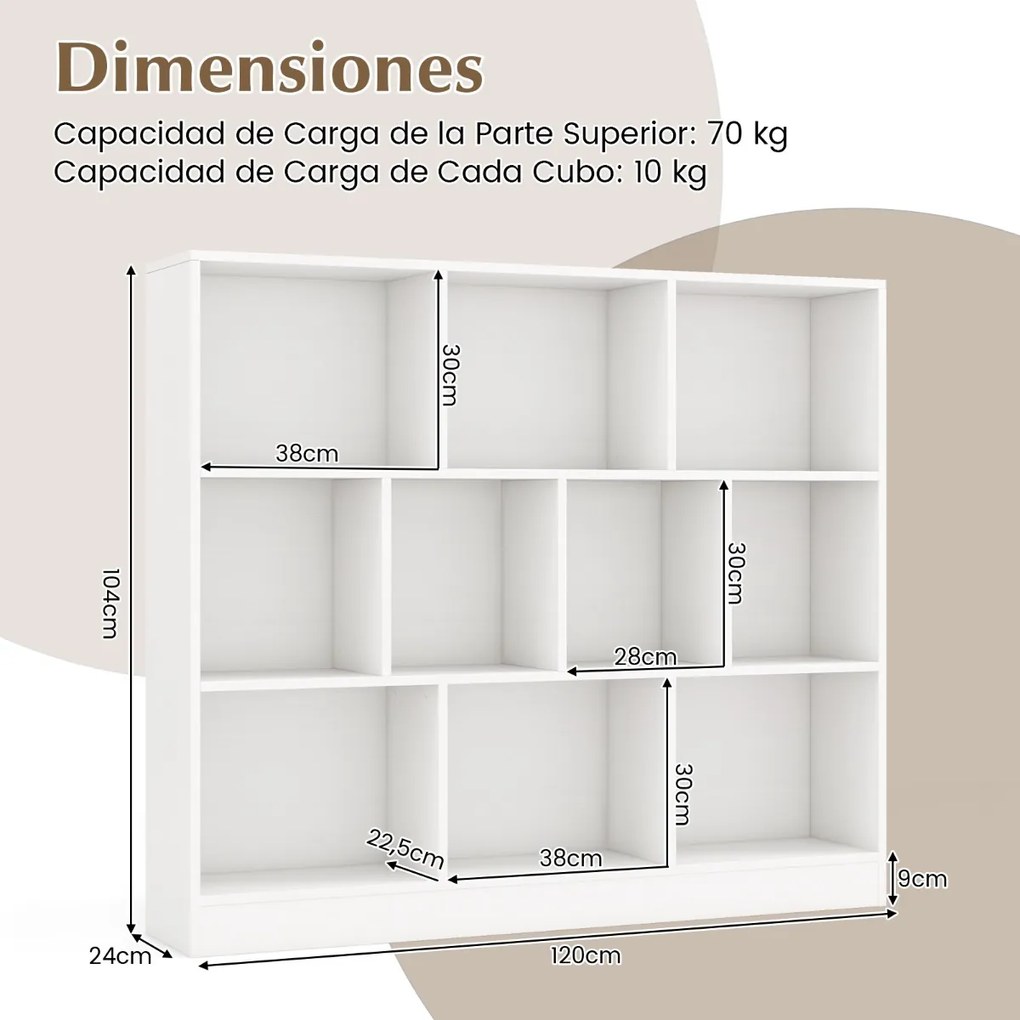 Estante de 10 cubos com 3 níveis de arrumação para sala de estar e quarto 120 x 24 x 104 cm Branco