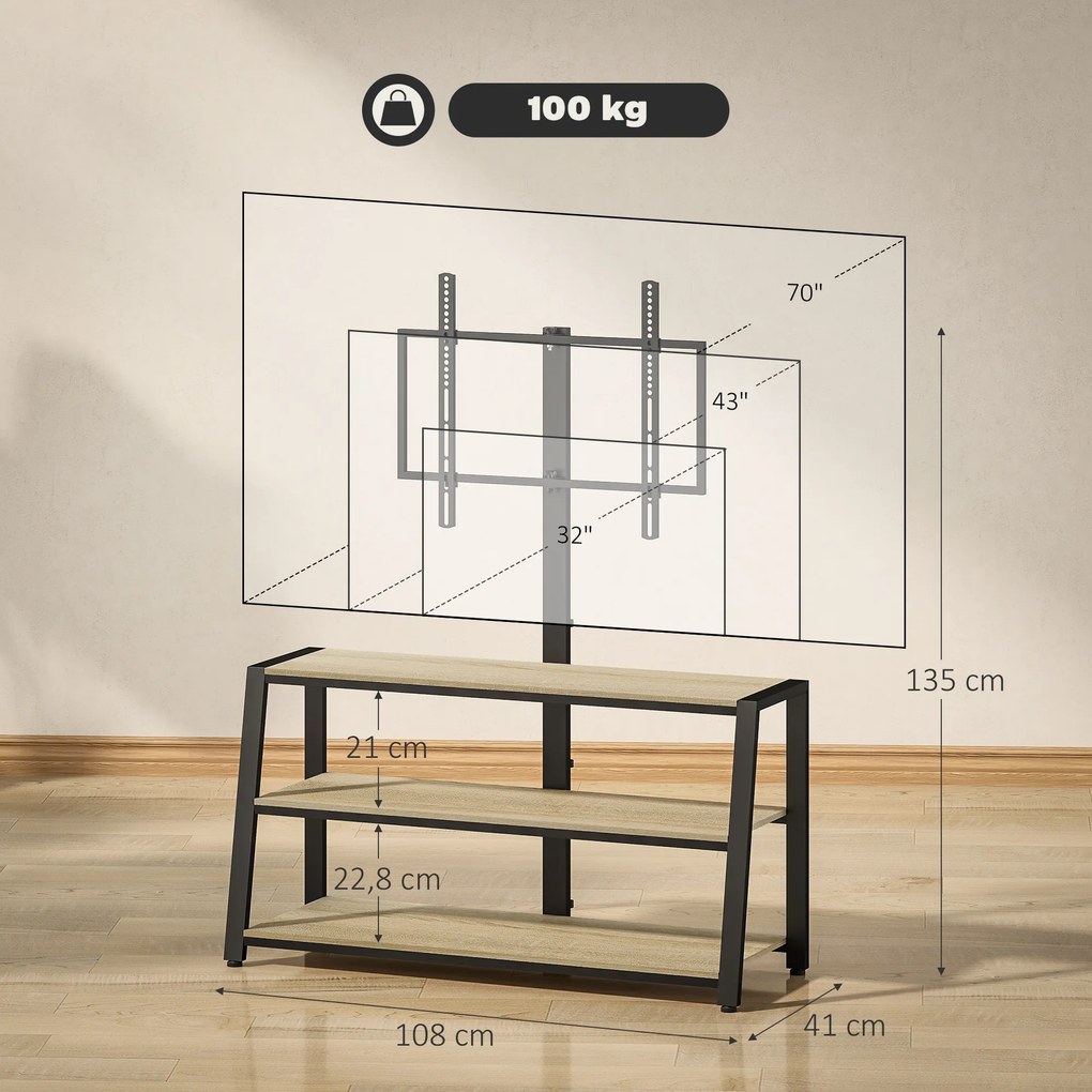 Móvel para televisão com suporte para televisores de 32 a 70 polegadas, prateleiras abertas, ângulo ajustável de 35°, 108 x 41 x 135 cm, efeito de mad