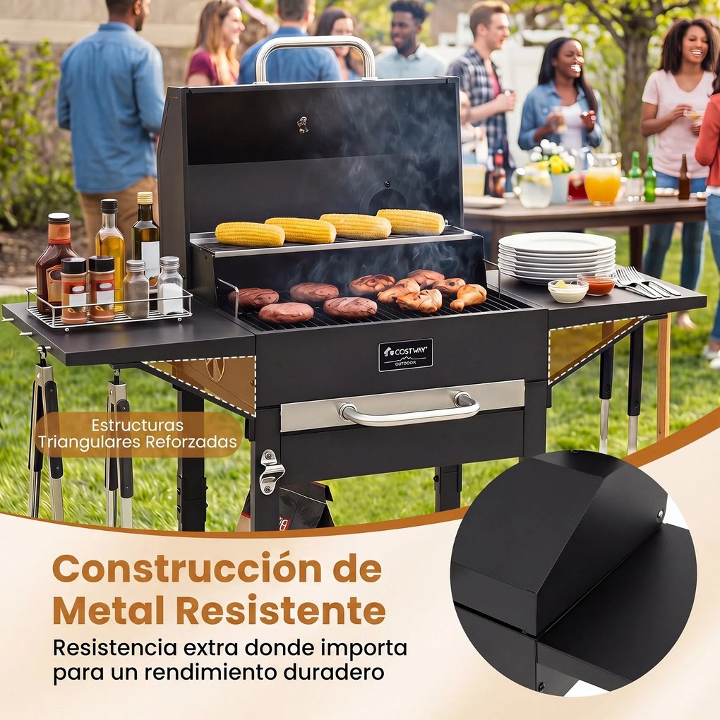 Grelhador a Carvão Portátil, 110 x 43,5 x 104,5 cm, com Tampa, Preto