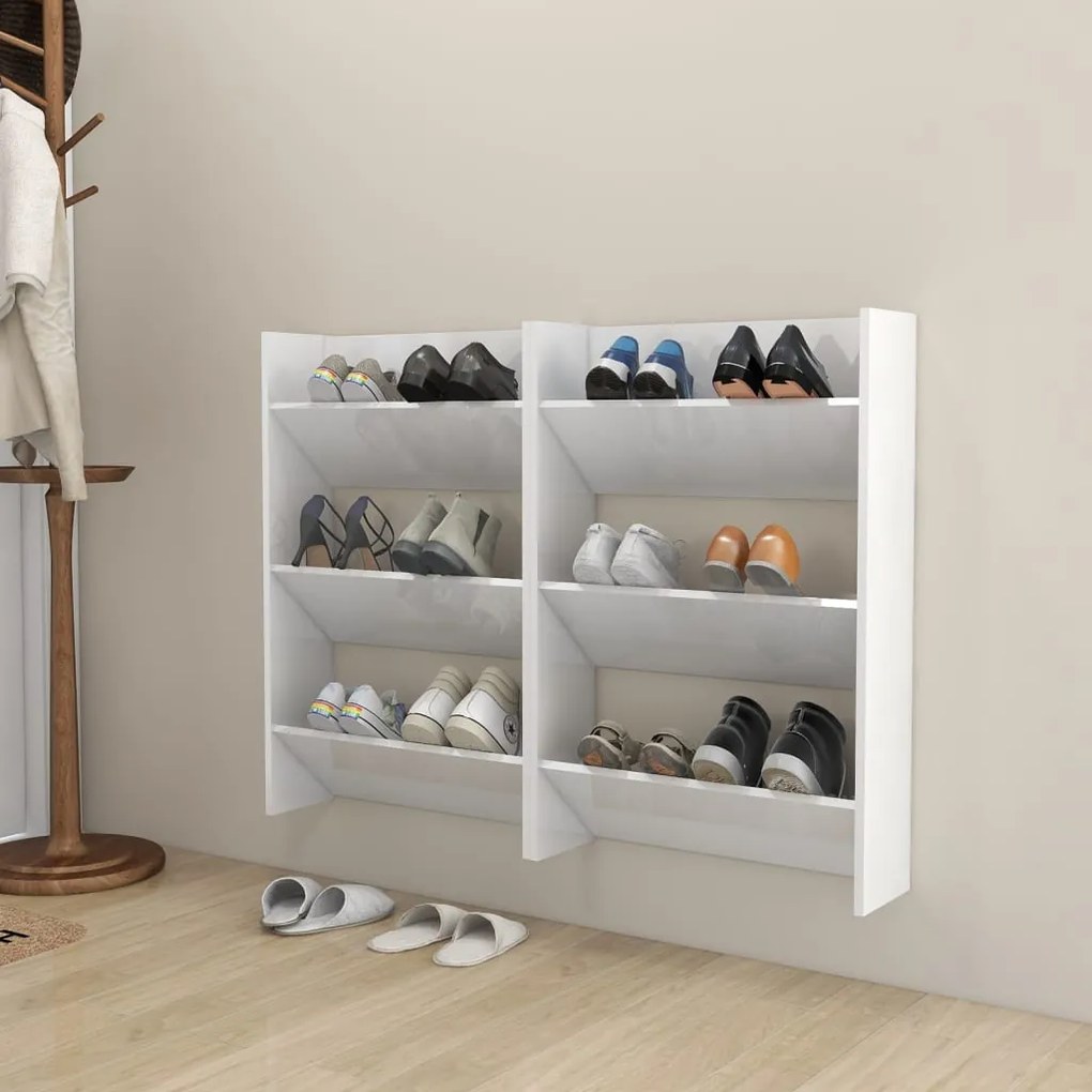 vidaXL Sapateiras de parede 2pcs derivados de madeira branco brilhante
