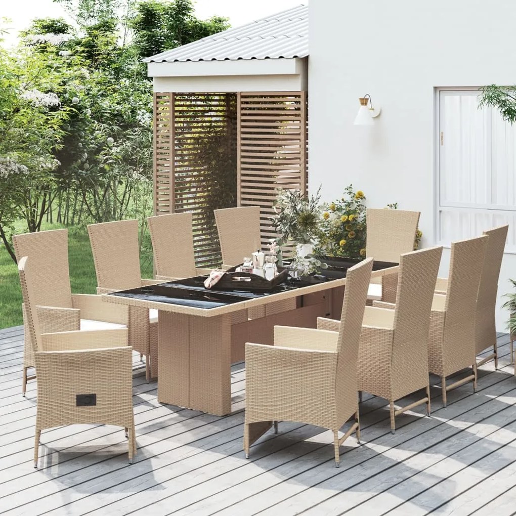 vidaXL 11 pcs conjunto de jantar p/ jardim com almofadões vime PE bege
