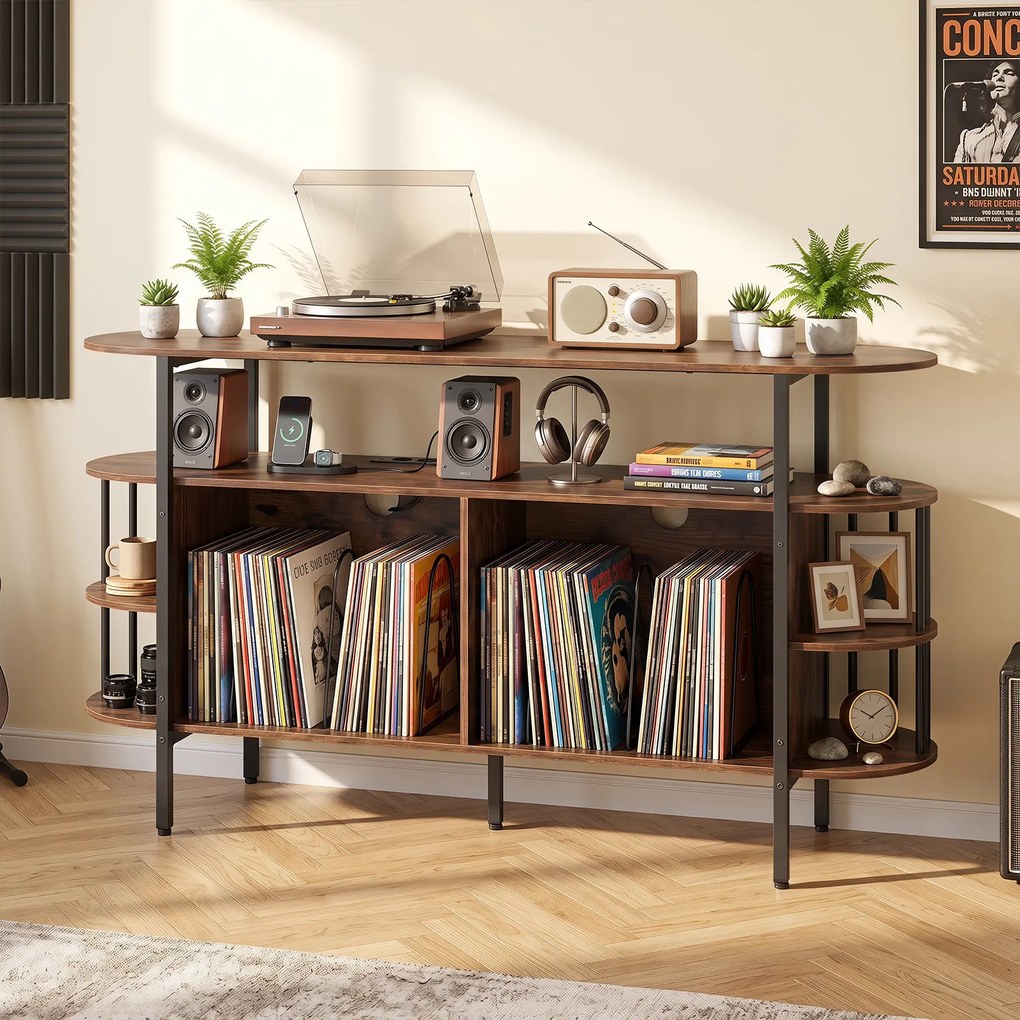 Móvel para Discos de Vinil, 140 x 40 x 76,5 cm, Estação de Carregamento Integrada, Castanho+Preto