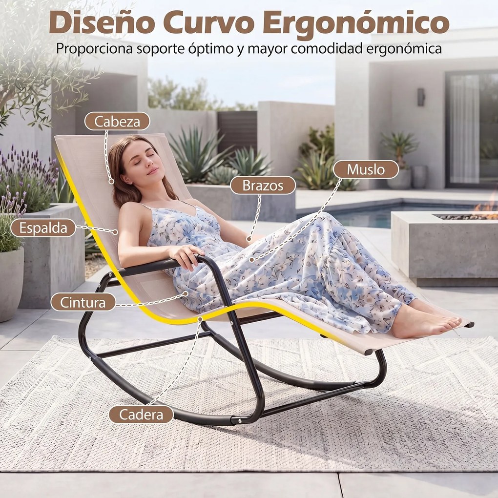 Cadeira baloiço com braços e Estrutura metálica – Poltrona de relaxamento para pátio ou terraço, bege