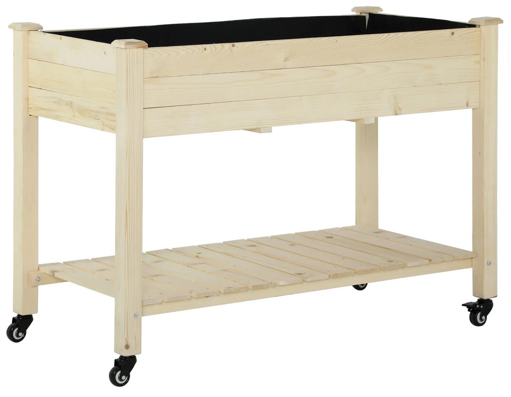 Horta urbana mesa de cultivo elevada de madeira com prateleira tecido Geotêxtil rodas com Freios portátil para Jardim 118x55x83 cm Cor Natural