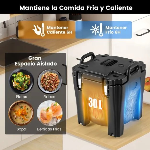 Aquecedor de comida portátil empilhável de 30 L com barril de aço inoxidável 2 pegas 4 rodas Aquecedor de sopa para campismo Preto