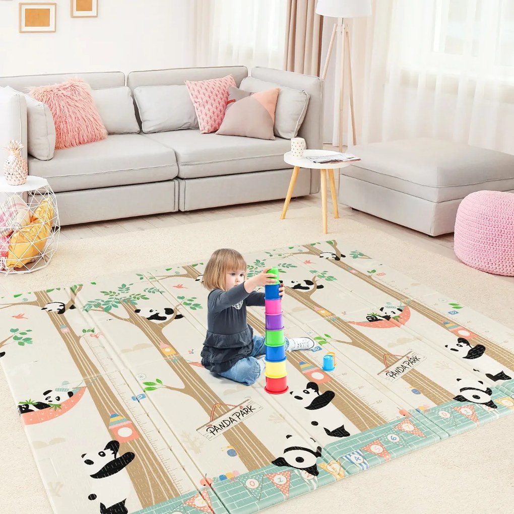 Tapete infantil dobrável dupla face com panda e girafa, bolsa de transporte, tapete de brincar impermeável e reversível, 200 x 180 cm Multicolor