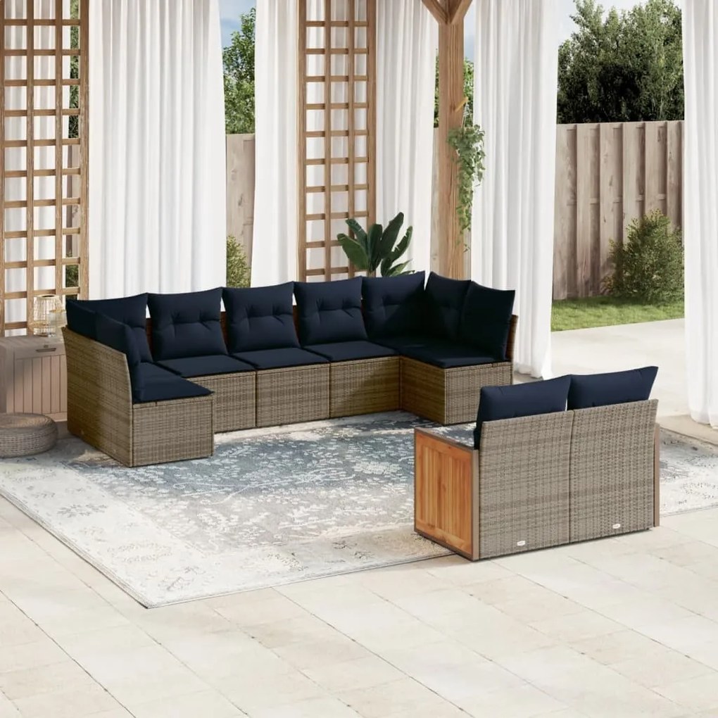 vidaXL 9 pcs conjunto sofás p/ jardim c/ almofadões vime PE cinzento