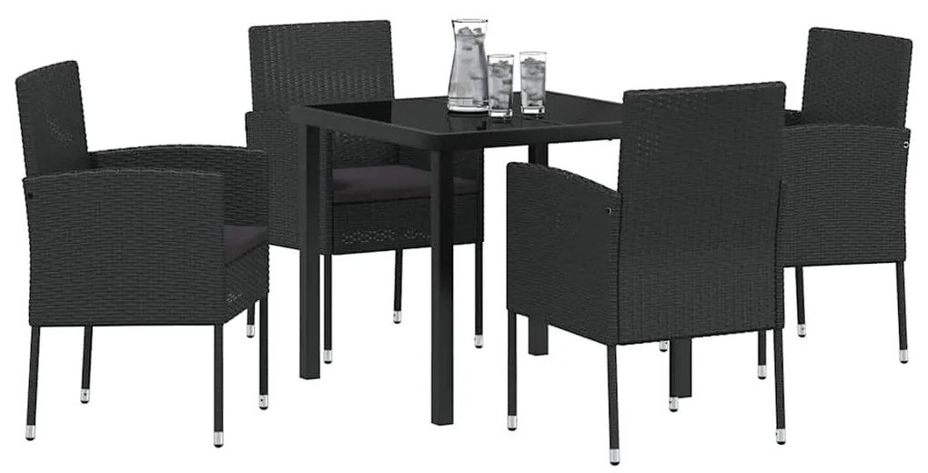 Conjunto de Jantar de Jardim com Almofadas Preto Rattan Poliéster