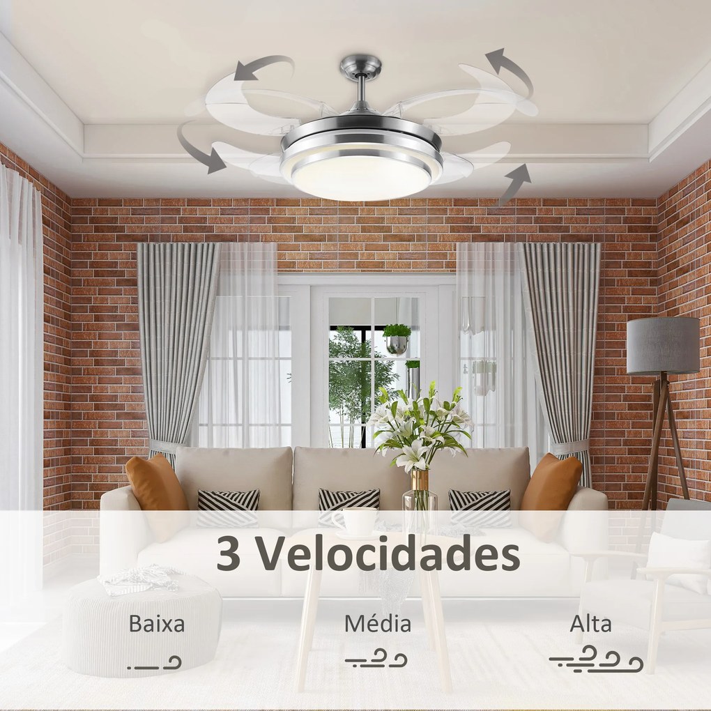 HOMCOM Ventoinha de Teto 51W com Luz LED 30W Ajustável 3000/4000/6000K Controle Remoto 3 Velocidades Temporizador 4 Lâminas para Dormitório Sala de Estar Ø106x43 cm Prata