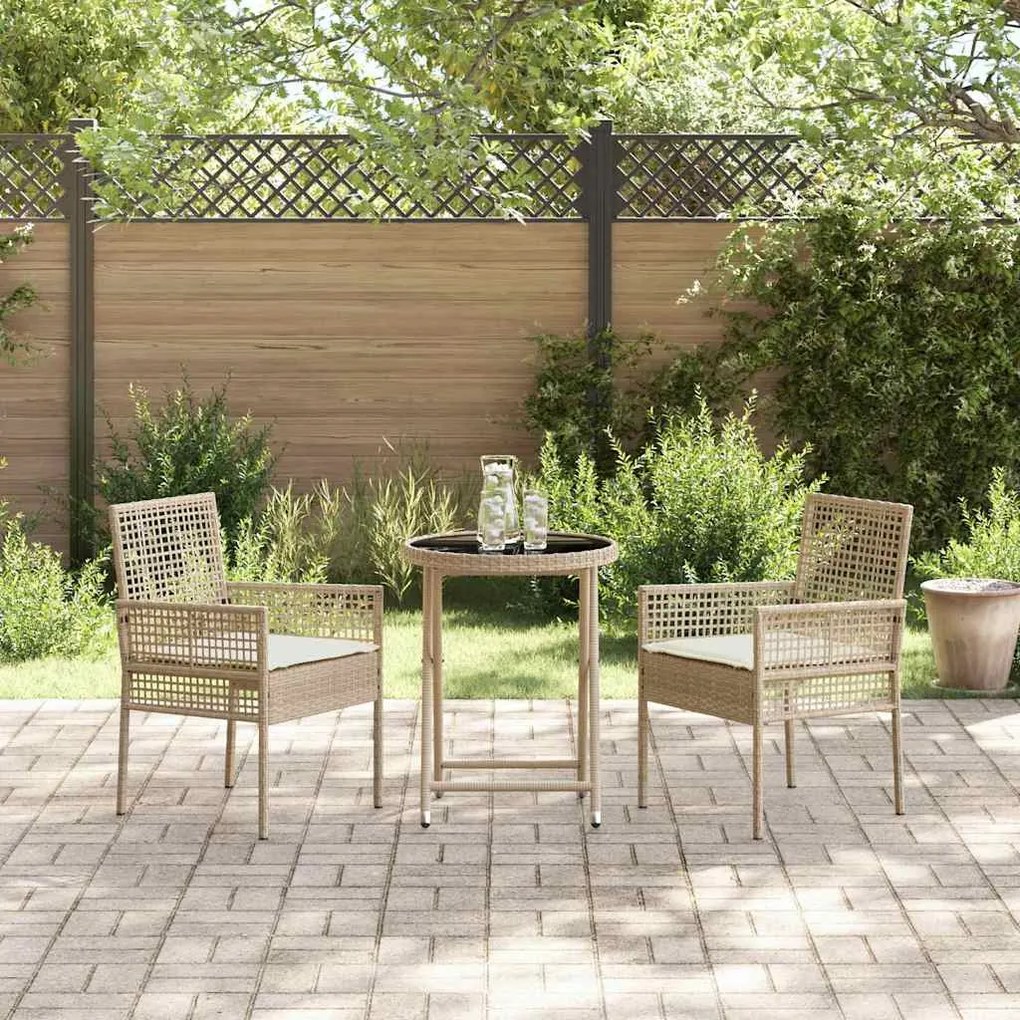Conjunto de Bistro de Jardim 3 Peças com Almofadas Bege em Rattan Poli