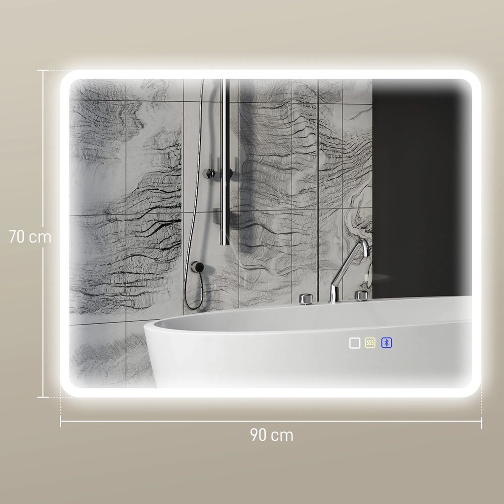 Espelho de casa de banho LED com Bluetooth, 70 x 90 cm, interruptor tátil, iluminação regulável, 3 cores, antiembaciamento, memória, prateado