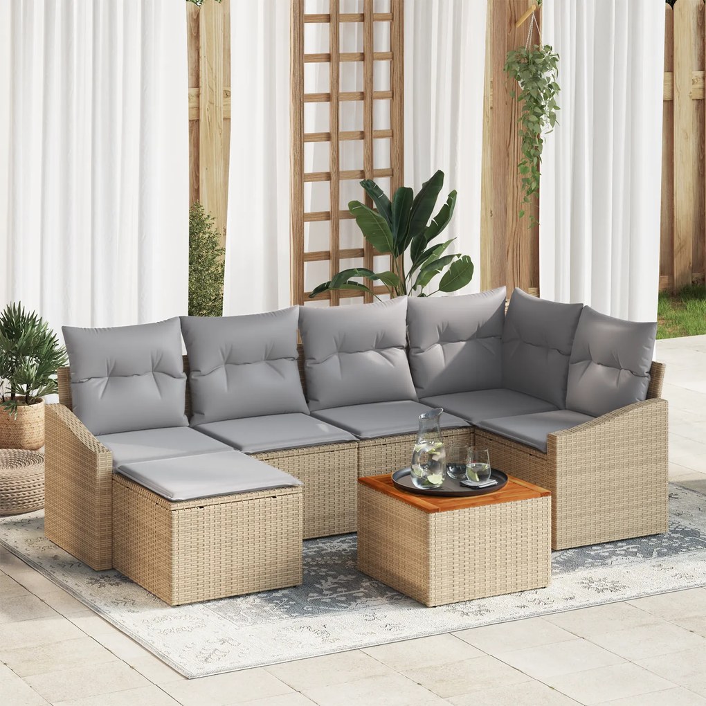 Conjunto de Sofá de Jardim de 7 Peças com Almofadas Bege Poly Rattan A