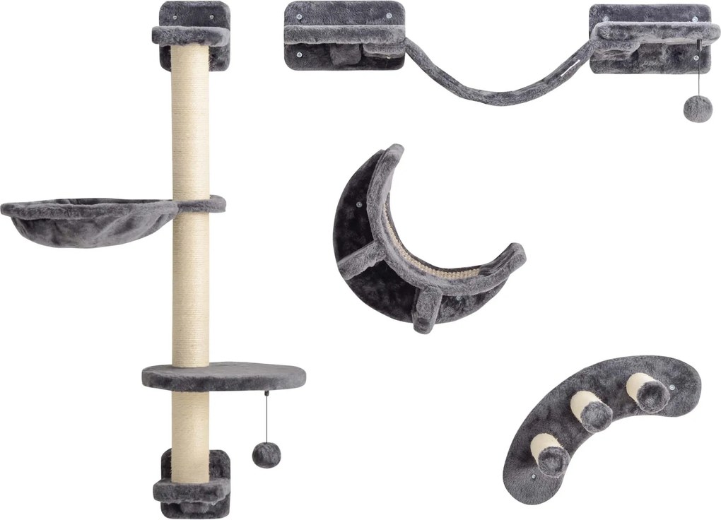PawHut Parede de Escalada para Gatos 4 peças - Conjunto de Escalada com Rede, Ponte para Gato até 5 kg, Cinza Escuro | Aosom Portugal