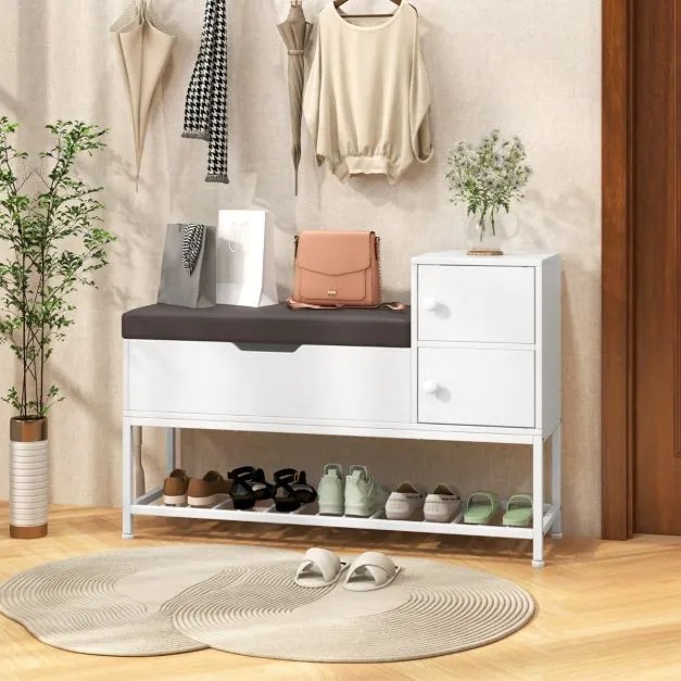 Banco para entrada para sapatos 100 x 30 x 68 cm com caixa rebatível e 2 portas Almofada de assento Branco