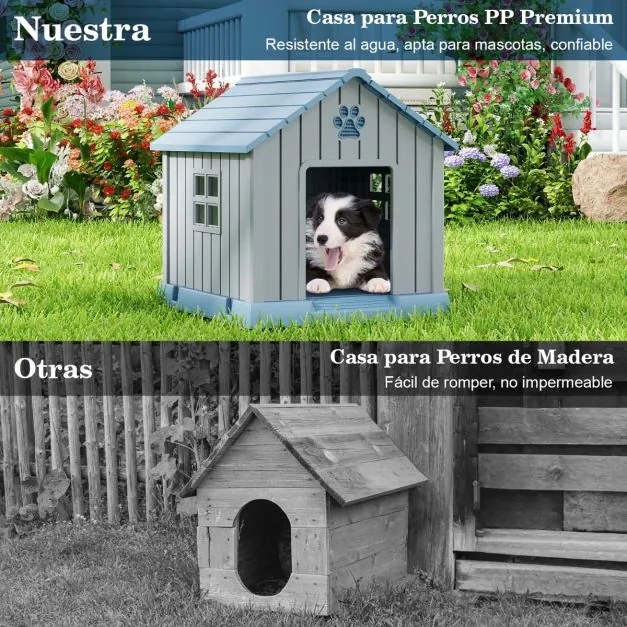 Casota de plástico para cães 76 x 83 x 83 cm impermeável e isolada com ventilação, piso elevado para interior e exterior, azul + cinza