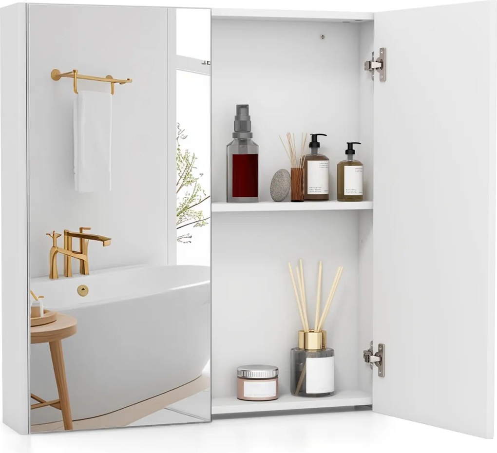 Armário de parede para casa de banho 62 x 65 cm com portas duplas espelhadas e Estante ajustável Branco