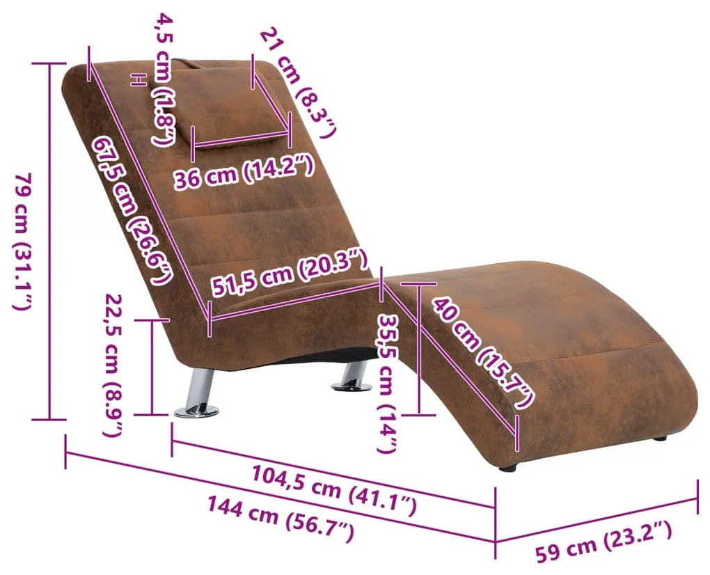 Chaise longue com almofada camurça artificial castanho