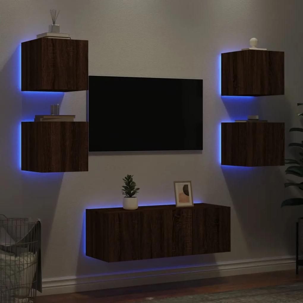 6 pcs móveis parede p/ TV LEDs deriv. madeira carvalho castanho