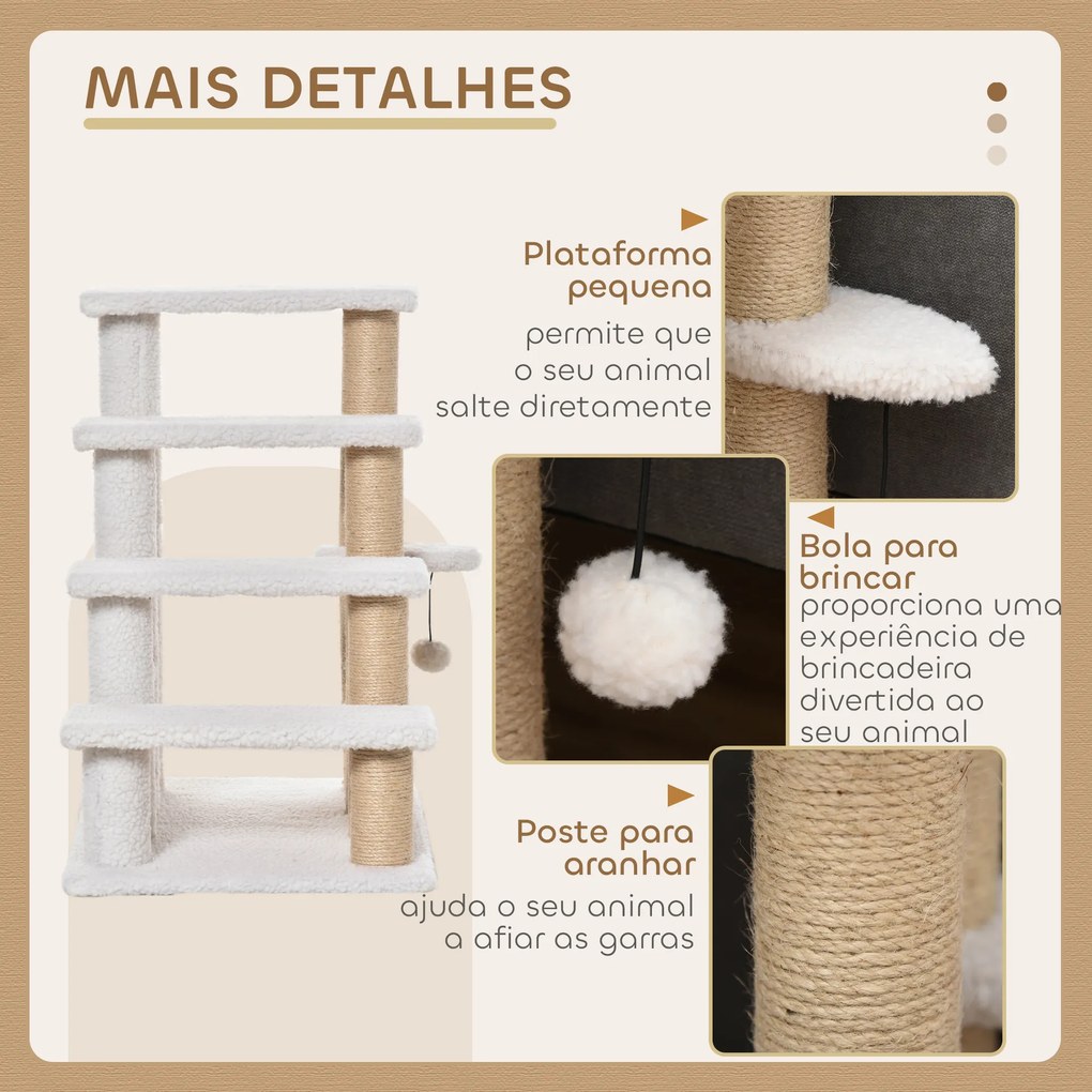 Escada para Gatos de 4 Níveis Coberta de Pelúcia Suave Poste de Juta Bola Pendurada Arranhador para Gatos 60x40x64 cm Branco