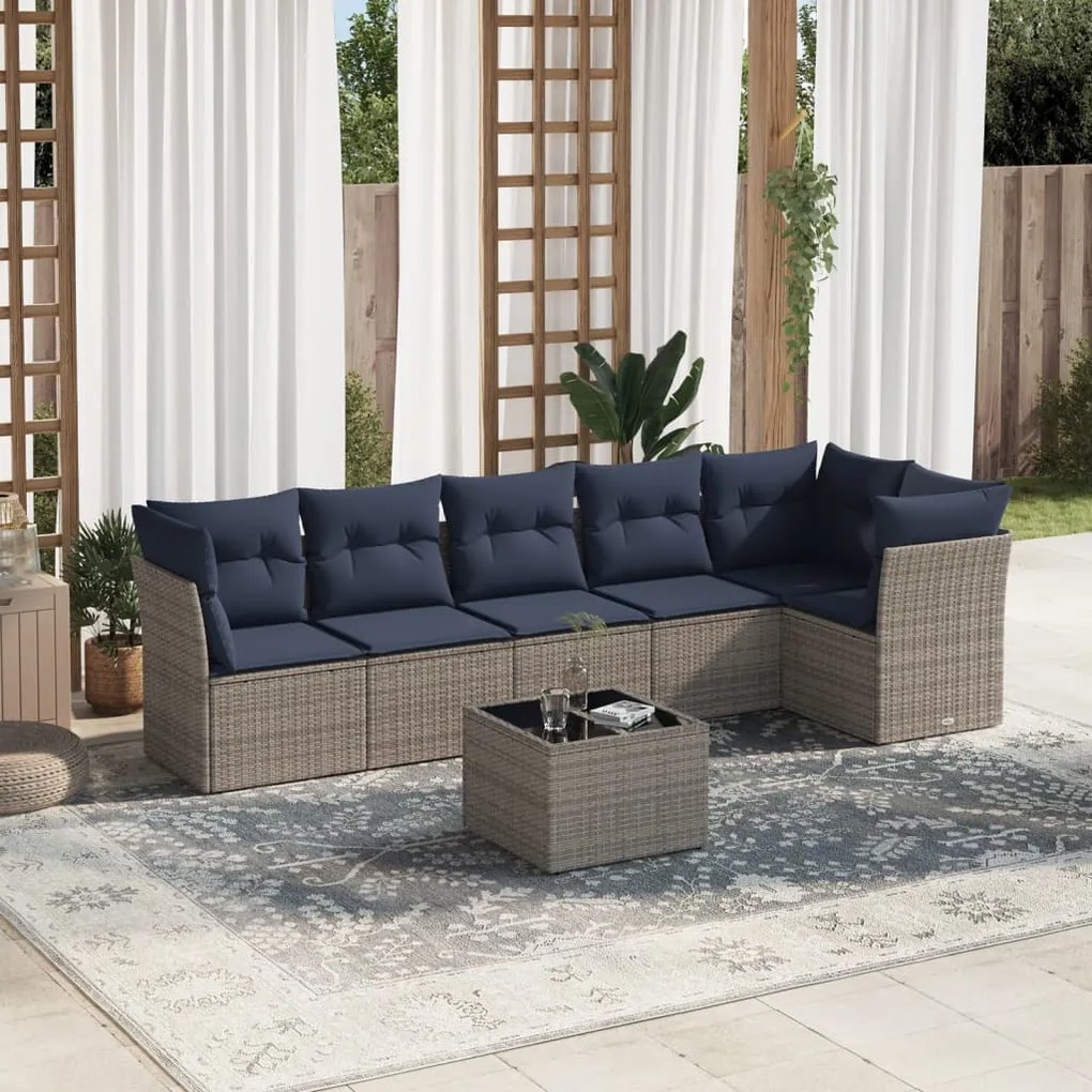 vidaXL 7 pcs conjunto sofás p/ jardim c/ almofadões vime PE cinzento