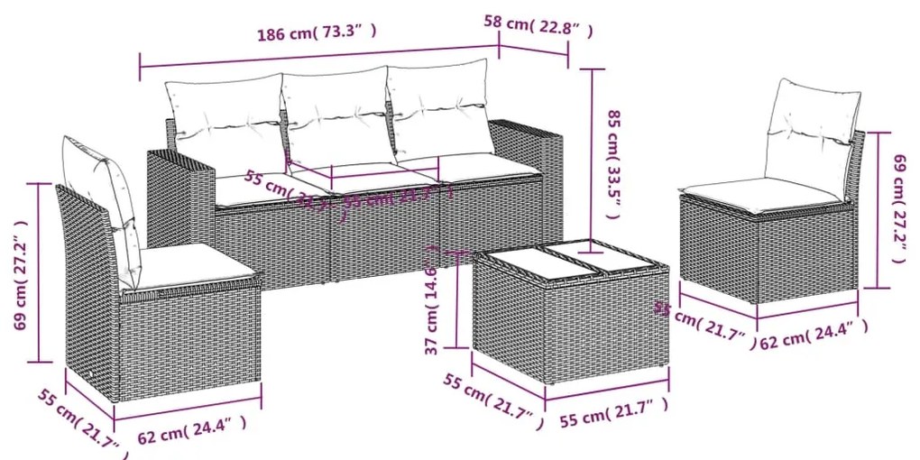 6 pcs conjunto sofás de jardim com almofadões vime cinzento