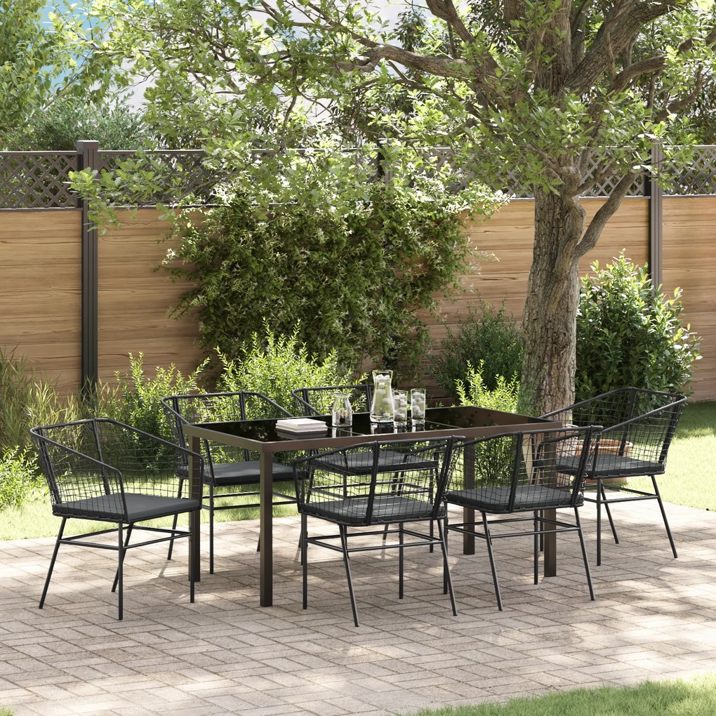 vidaXL Jogo de Jantar para Jardim com 7 Peças e Almofadas em Rattan Sintético Preto
