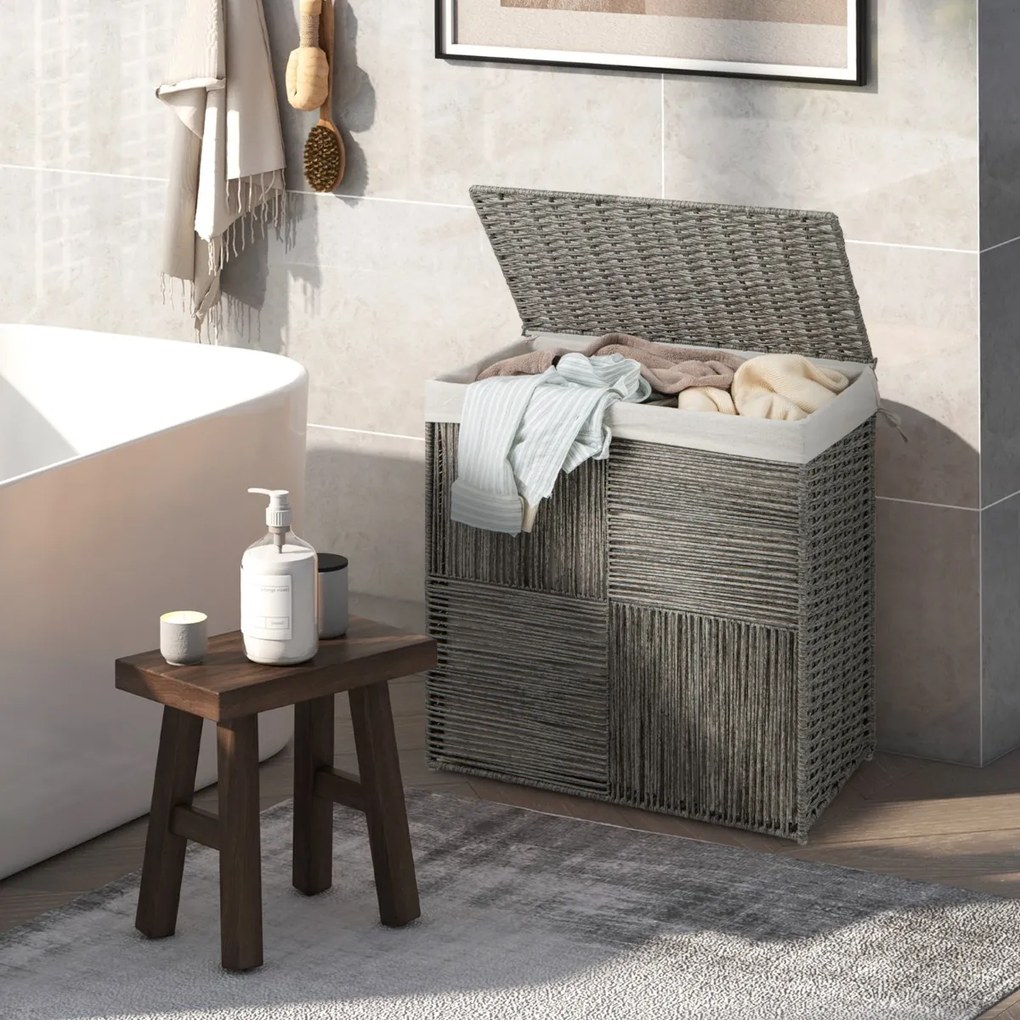 Cesto para roupa suja dobrável em rattan 110 L  com tampa e pegas práticas Saco com forro amovível Saco para roupa suja Casa de banho Cinzento
