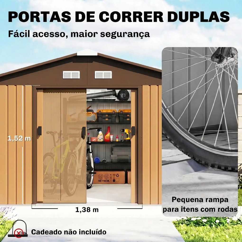 Abrigo de Jardim Metálico 340x386x200cm Abrigo de Exterior para Armazenamento de Ferramentas com estrutura Base Incluida (PISO NÃO INCLUIDO) 4 Janelas