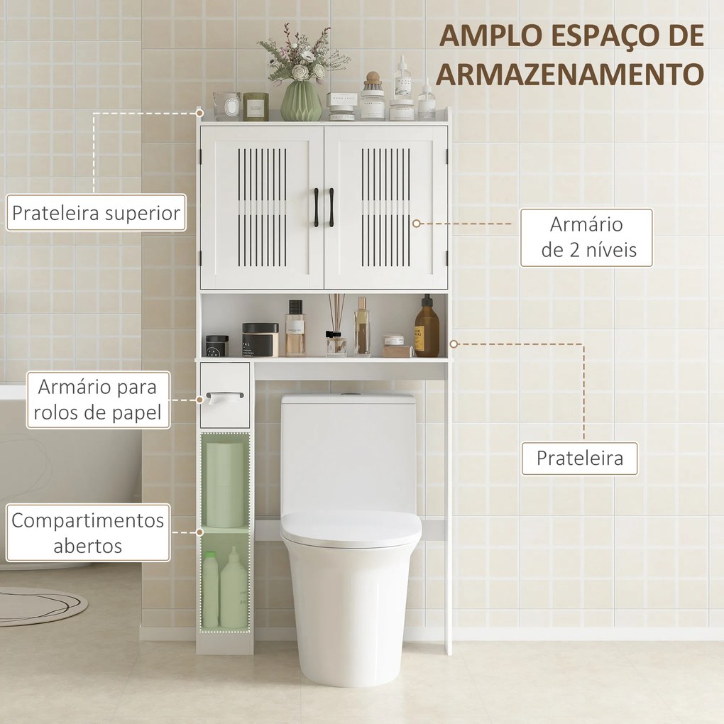 Armário sobre Sanita com Prateleira Ajustável 2 Portas Suporte para Papel Higiênico Armário para Máquina de Lavar 80x19,5x170 cm Branco