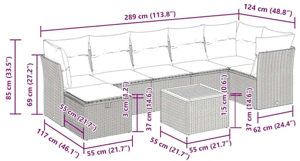 8 pcs conjunto sofás de jardim c/ almofadões vime PE cinzento