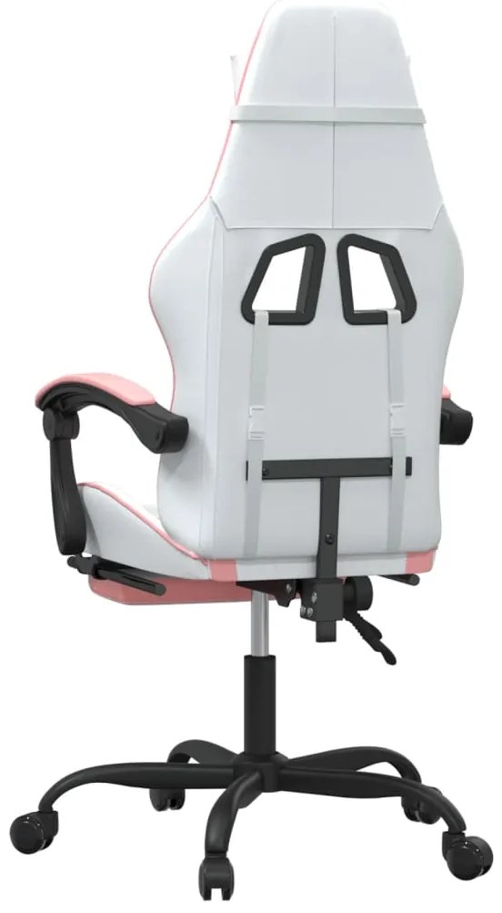 Cadeira gaming giratória c/ apoio pés couro artif. branco/rosa