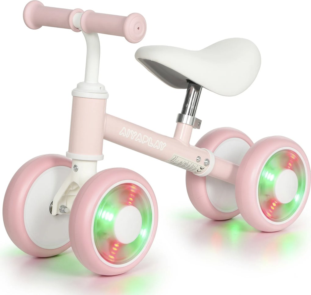 Bicicleta de Equilíbrio para Bebé, 52 x 22 x 37 cm, 4 Rodas Luminosas, Rosa