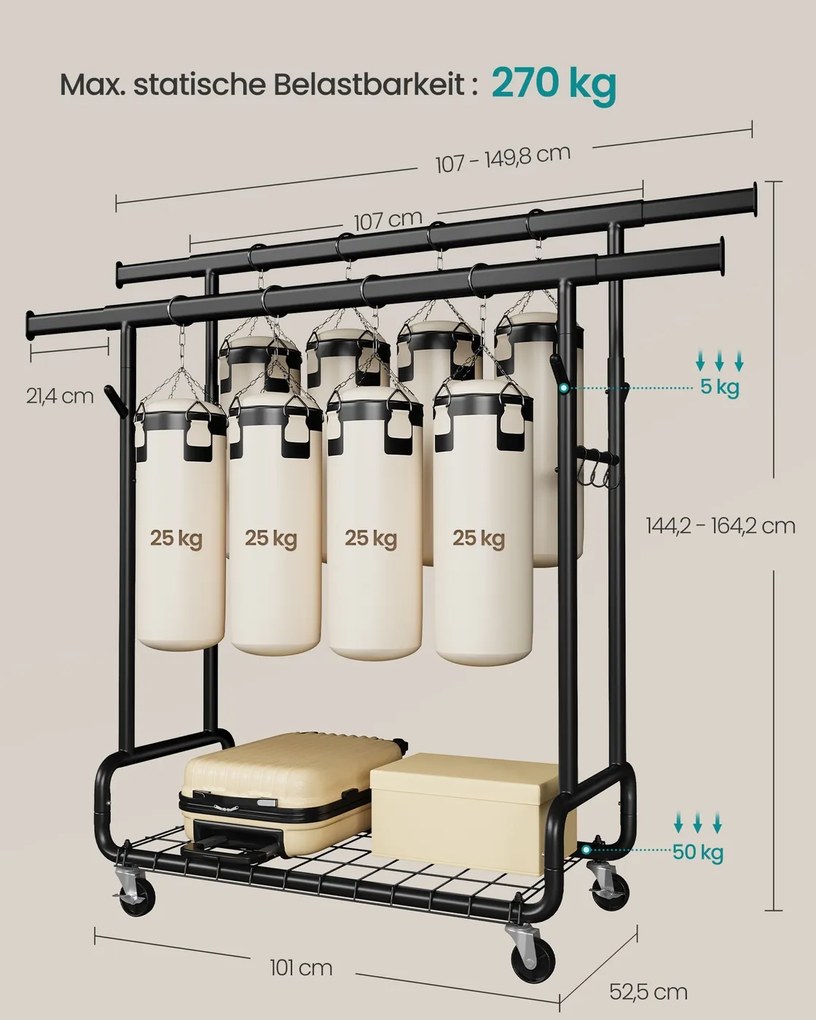 Guarda roupa aberto, cabide ajustavel, com prateleira e ganchos 52,5 x (107-149,8) x (144,2-164,2) preto