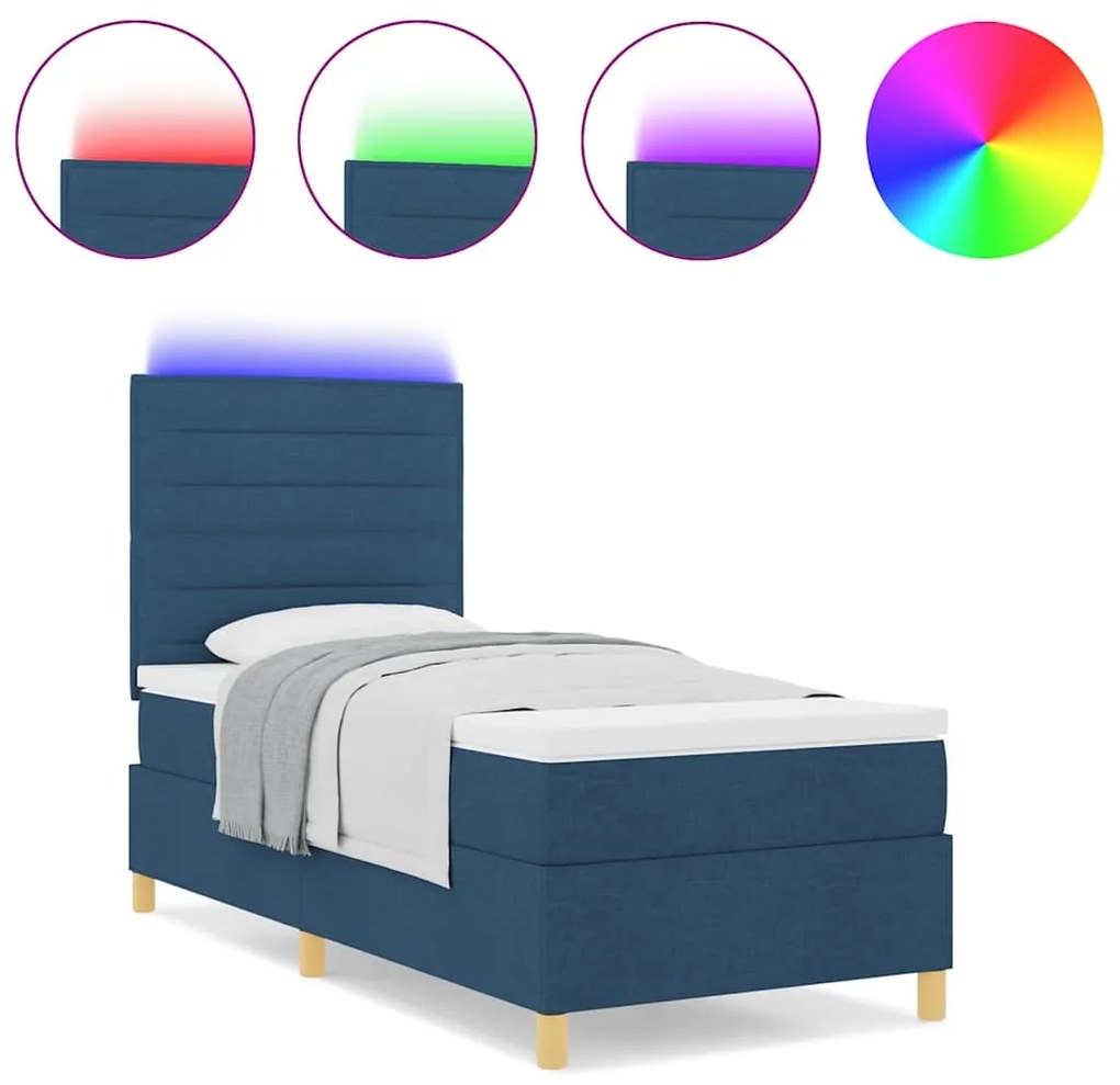 Cama Box Spring com Colchão &amp; LED Azul 100x200 cm Tecido