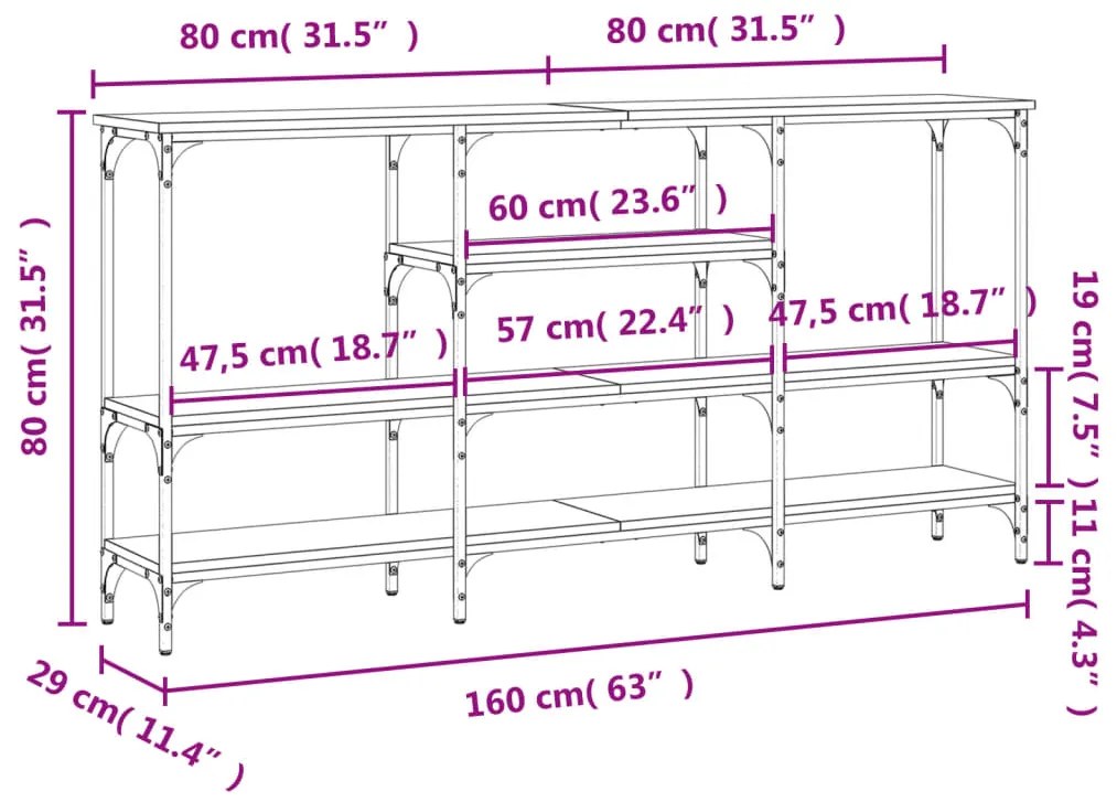 Mesa consola 160x29x80 cm derivados de madeira cinzento sonoma