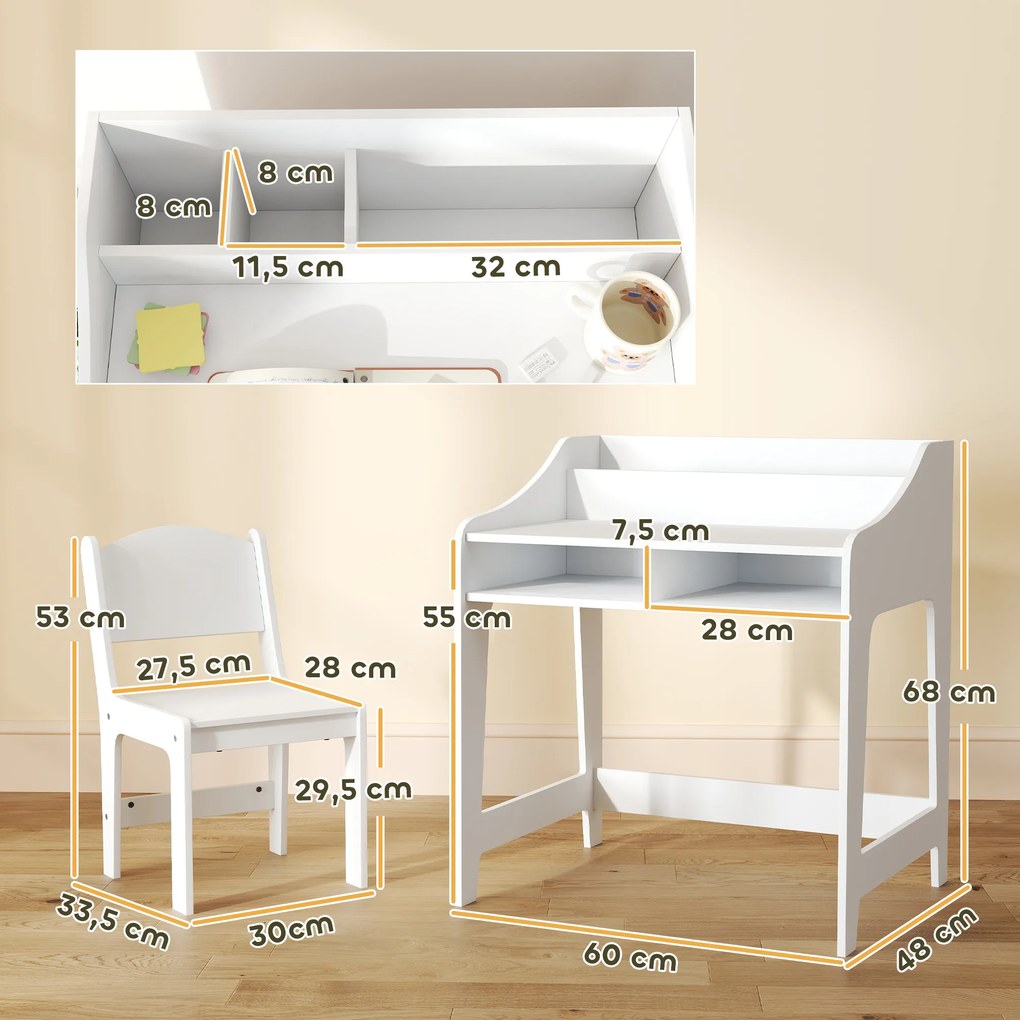 Conjunto de secretária e cadeira para crianças dos 3 aos 8 anos, com compartimentos e prateleiras abertas, branco