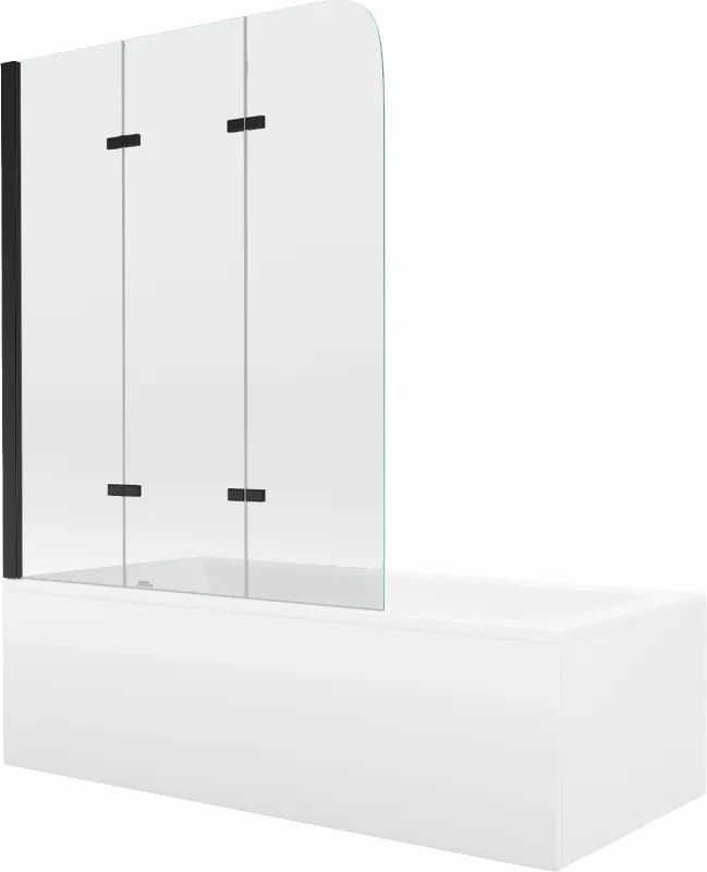 Mexen Cubik banheira retangular 160 x 70 cm com revestimento e parede de proteção 3 painéis 120 cm, transparente, preto