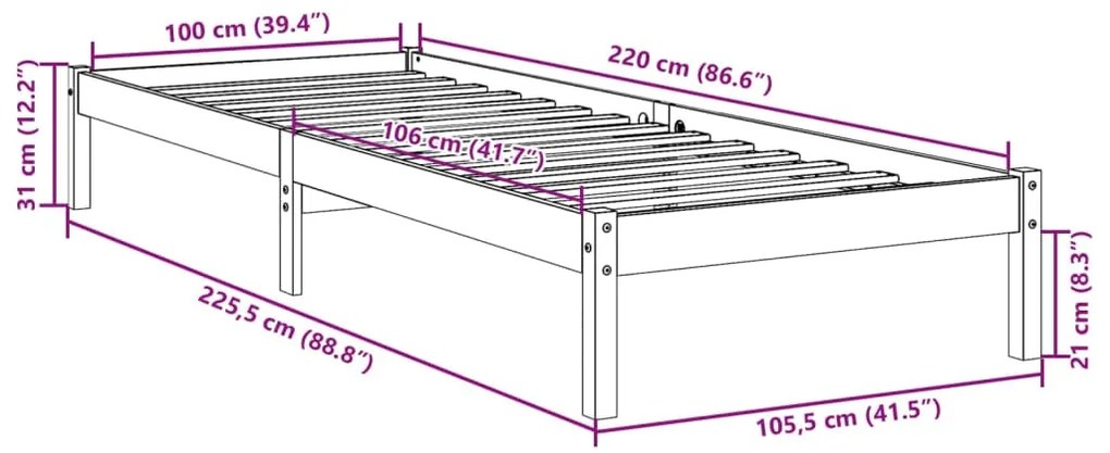 Cama extra longa sem colchão 100x220 cm madeira de pinho maciça