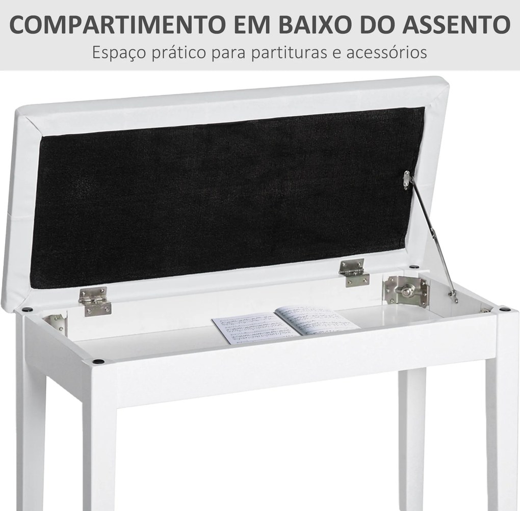 Banco para Piano com Espaço de Armazenamento Assento de Couro Sintético Acolchoado 76x36x50 cm Branco