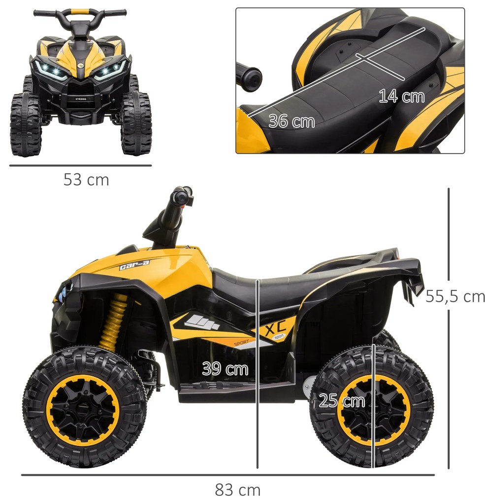 Moto 4 Elétrica para Crianças de 3-5 Anos Veículo Eléctrico a Bateria 12V com 2 Motores 83x53x55,5 cm Amarelo