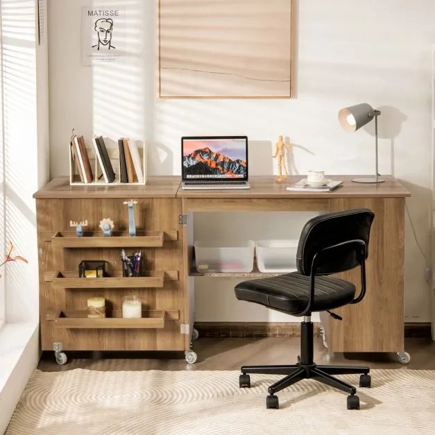 Mesa dobrável de costura rebatível com rodas bloqueáveis e armário com porta 158 x 50 x 75 cm Castanho